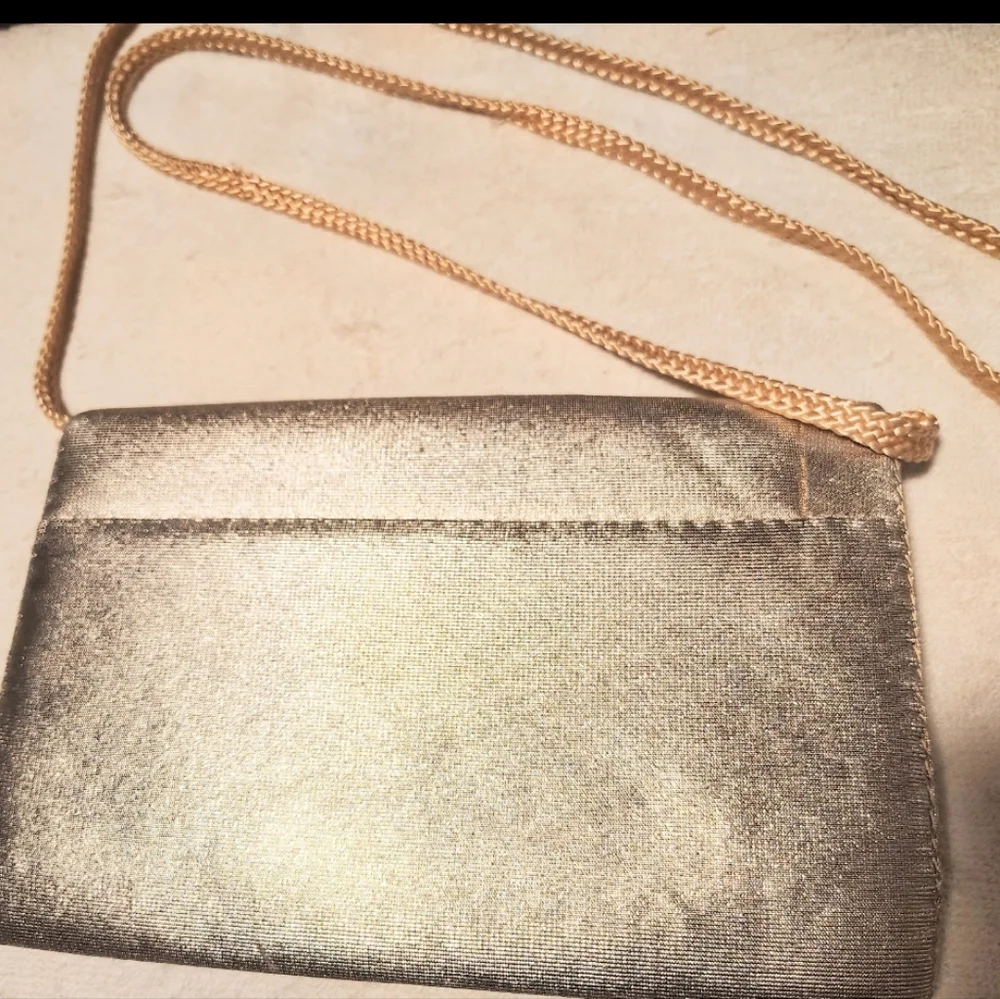 Metallic Gold Purse, Snap Shut And Open Compartment With Pocket, Strap - Picture 2 of 7